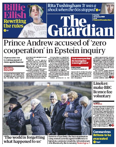 The Guardian Newspaper Front Page (UK) for 28 January 2020