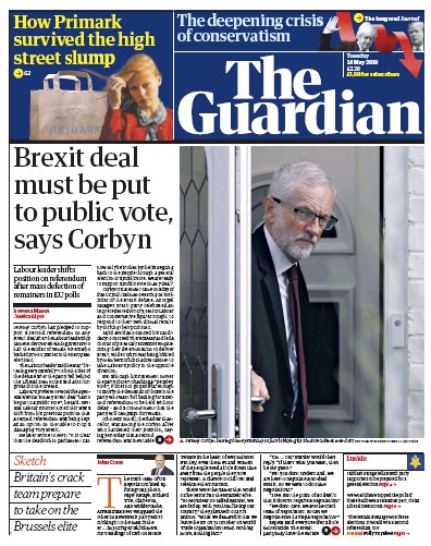 The Guardian Newspaper Front Page (UK) for 28 May 2019