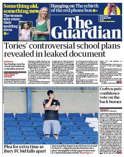 The Guardian Newspaper Front Page (UK) for 28 August 2019