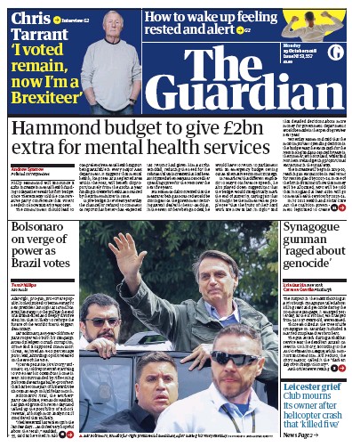 The Guardian Newspaper Front Page (UK) for 29 October 2018