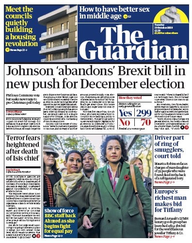 The Guardian Newspaper Front Page (UK) for 29 October 2019