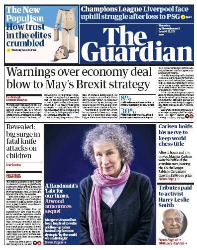 The Guardian Newspaper Front Page (UK) for 29 November 2018