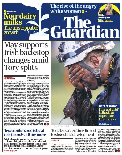 The Guardian Newspaper Front Page (UK) for 29 January 2019