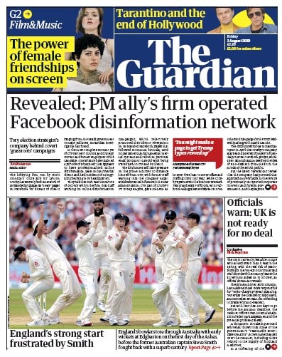 The Guardian Newspaper Front Page (UK) for 2 August 2019