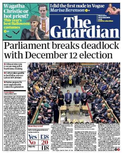 The Guardian Newspaper Front Page (UK) for 30 October 2019