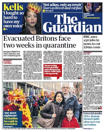 The Guardian Newspaper Front Page (UK) for 30 January 2020