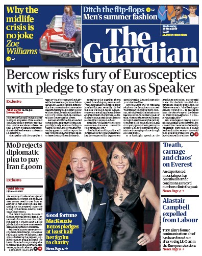 The Guardian Newspaper Front Page (UK) for 30 May 2019