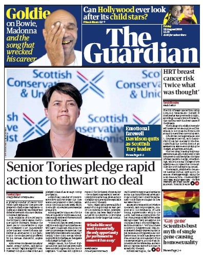 The Guardian Newspaper Front Page (UK) for 30 August 2019