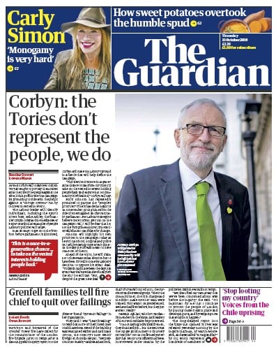 The Guardian Newspaper Front Page (UK) for 31 October 2019