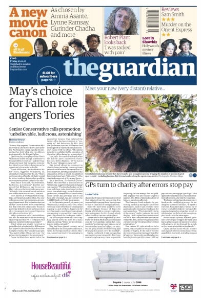 The Guardian Newspaper Front Page (UK) for 3 November 2017
