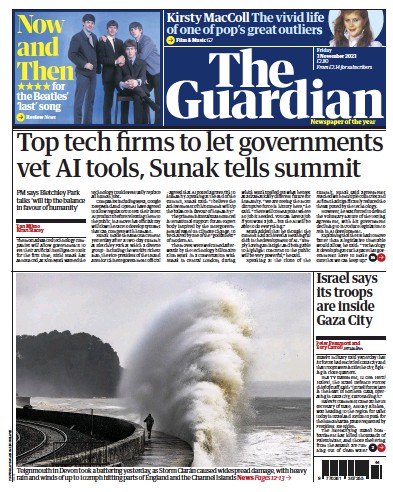 The Guardian Newspaper Front Page (UK) for 3 November 2023