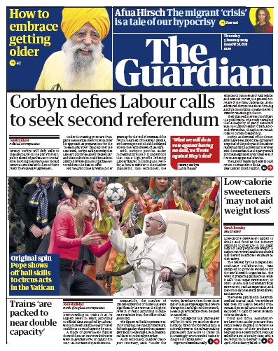 The Guardian Newspaper Front Page (UK) for 3 January 2019