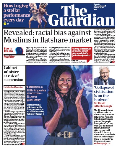 The Guardian Newspaper Front Page (UK) for 4 December 2018