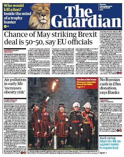 The Guardian Newspaper Front Page (UK) for 5 November 2018