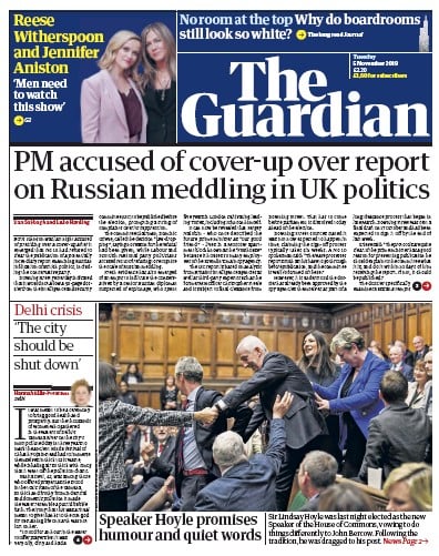 The Guardian Newspaper Front Page (UK) for 5 November 2019