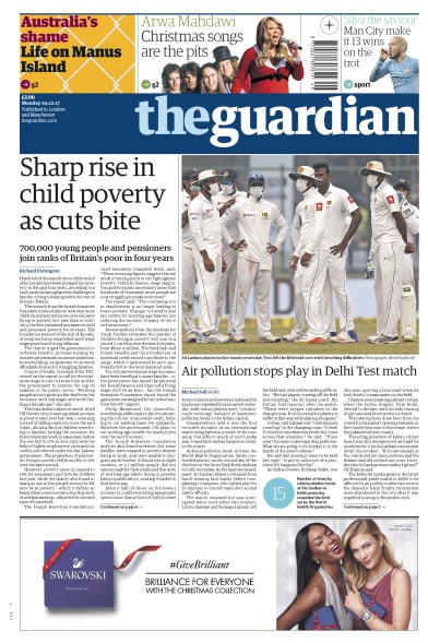 The Guardian Newspaper Front Page (UK) for 5 December 2017