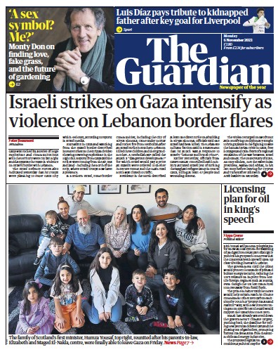 The Guardian Newspaper Front Page (UK) for 6 November 2023