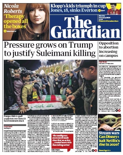 The Guardian Newspaper Front Page (UK) for 6 January 2020