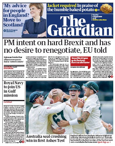 The Guardian Newspaper Front Page (UK) for 6 August 2019
