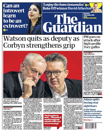 The Guardian Newspaper Front Page (UK) for 7 November 2019