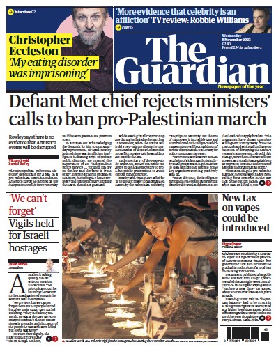 The Guardian Newspaper Front Page (UK) for 8 November 2023