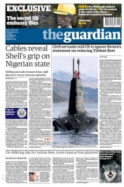 The Guardian Newspaper Front Page (UK) for 9 December 2010