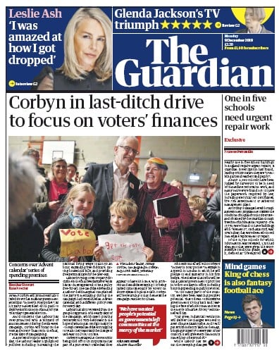 The Guardian Newspaper Front Page (UK) for 9 December 2019