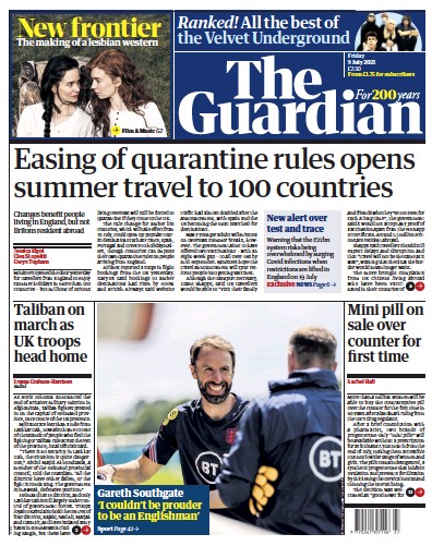 The Guardian Newspaper Front Page (UK) for 9 July 2021