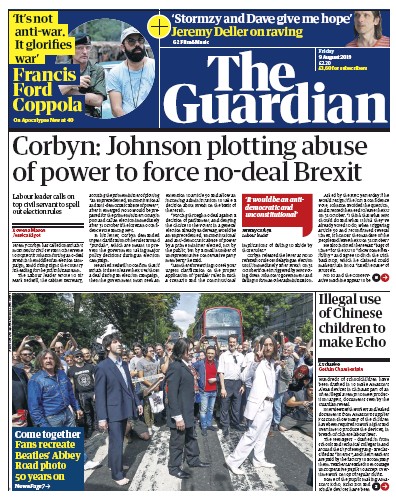 The Guardian Newspaper Front Page (UK) for 9 August 2019