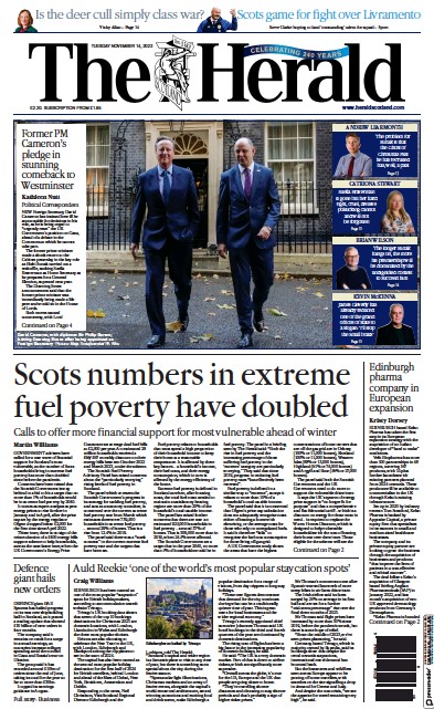 The Herald Newspaper Front Page (UK) for 14 November 2023
