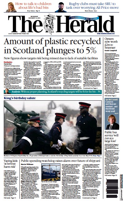 The Herald Newspaper Front Page (UK) for 15 November 2023