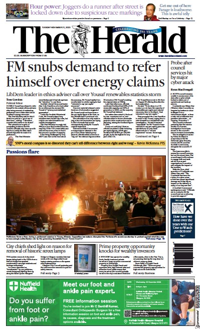 The Herald Newspaper Front Page (UK) for 21 November 2023