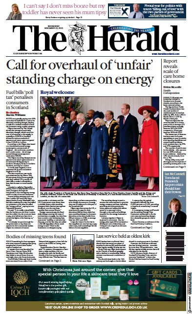 The Herald Newspaper Front Page (UK) for 22 November 2023