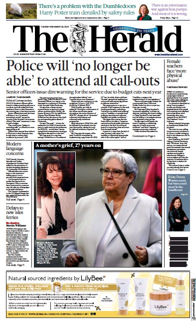 The Herald Newspaper Front Page (UK) for 28 November 2023