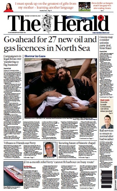 The Herald Newspaper Front Page (UK) for 30 October 2023