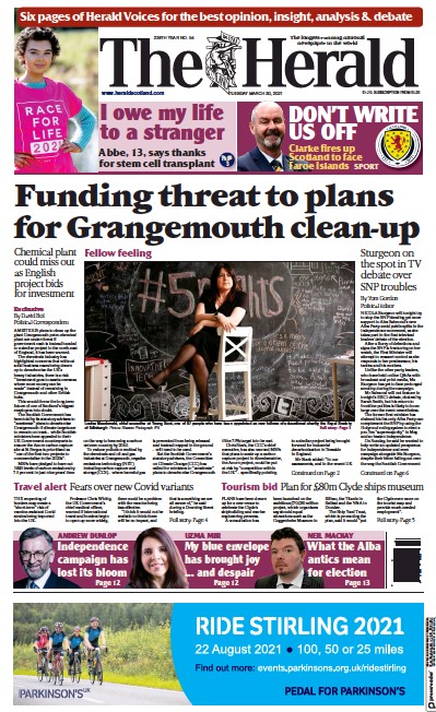 The Herald Newspaper Front Page (UK) for 30 March 2021