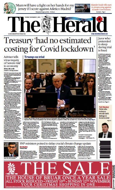The Herald Newspaper Front Page (UK) for 7 November 2023