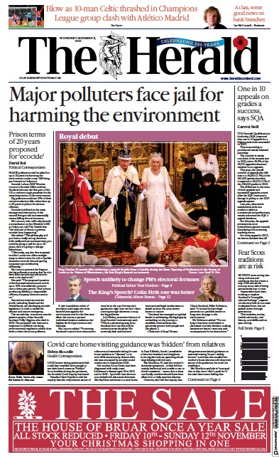 The Herald Newspaper Front Page (UK) for 8 November 2023