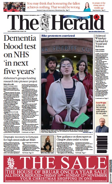 The Herald Newspaper Front Page (UK) for 9 November 2023