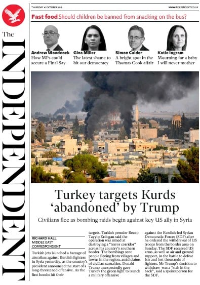 The Independent Newspaper Front Page (UK) for 10 October 2019