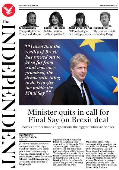 The Independent Newspaper Front Page (UK) for 10 November 2018