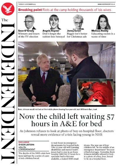 The Independent Newspaper Front Page (UK) for 10 December 2019