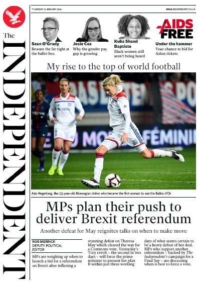 The Independent Newspaper Front Page (UK) for 10 January 2019