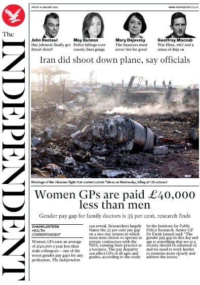 The Independent Newspaper Front Page (UK) for 10 January 2020
