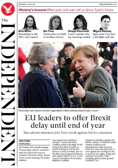The Independent Newspaper Front Page (UK) for 10 April 2019