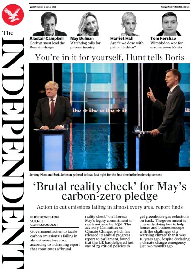 The Independent Newspaper Front Page (UK) for 10 July 2019