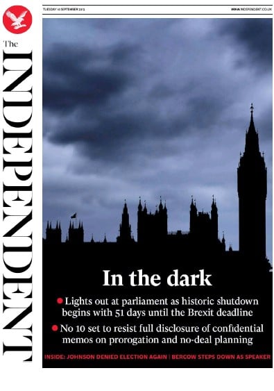 The Independent Newspaper Front Page (UK) for 10 September 2019