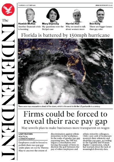 The Independent Newspaper Front Page (UK) for 11 October 2018