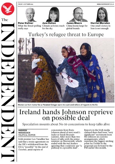 The Independent Newspaper Front Page (UK) for 11 October 2019