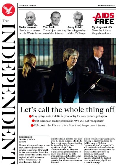 The Independent Newspaper Front Page (UK) for 11 December 2018